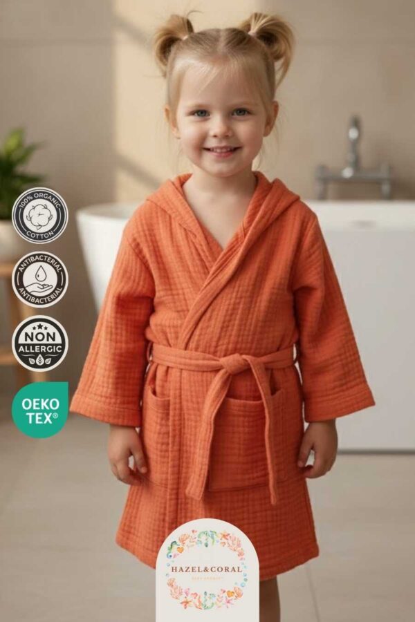 Çocuk & Bebek Bornozu Kapüşonlu Kiremit Rengi